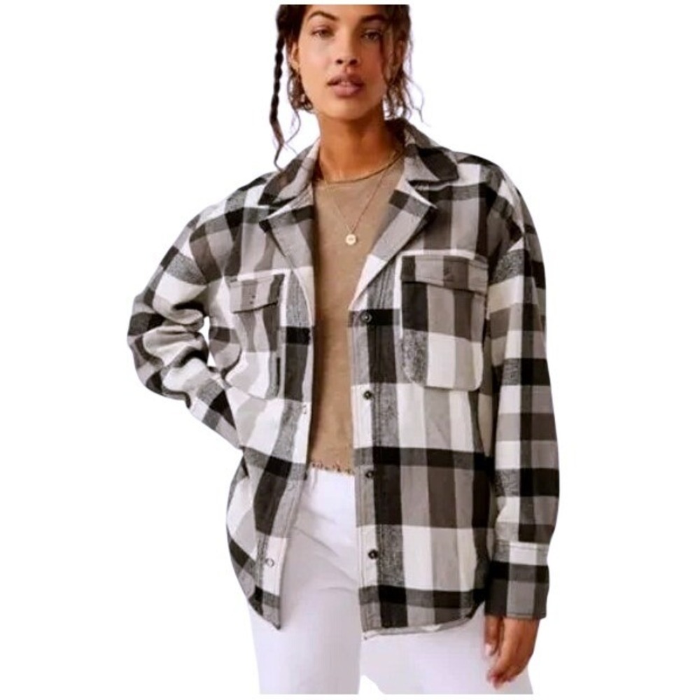Free‎ People Medium Izzie Cargo Flannel Shacket Jacket Plaid Oversized NWT